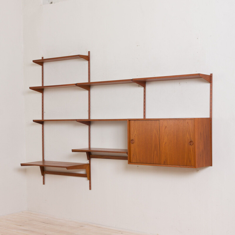 Vintage teak wall unit with large desk shelf and files cabinet Kai Kristiansen 1960