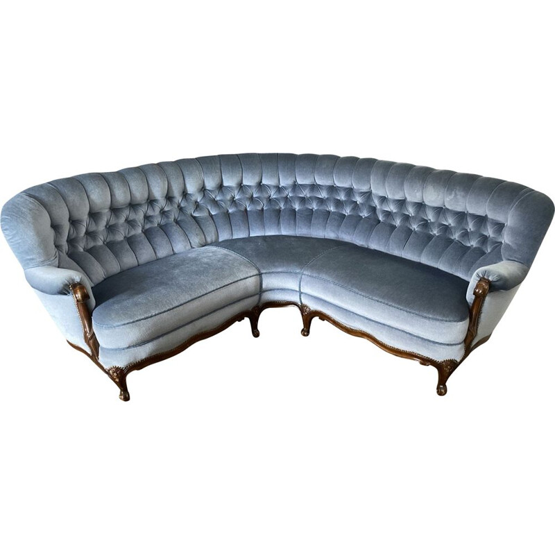 Mid Century Sofa, Couch, Chippendale blue Fabric Cover, Germany, 1950