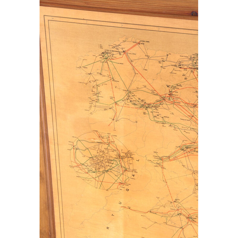 Affiche carte réseau électrique vintage en bois, Espagne 1980