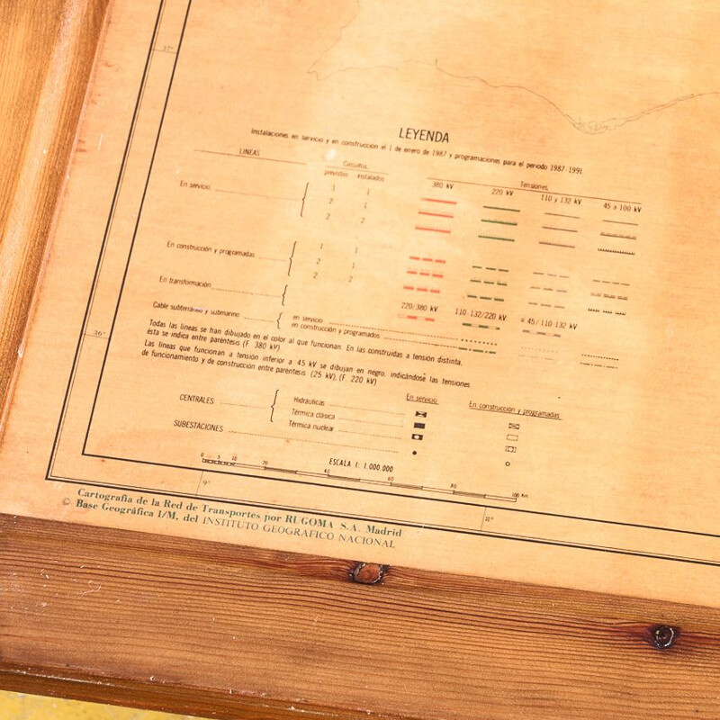 Affiche carte réseau électrique vintage en bois, Espagne 1980