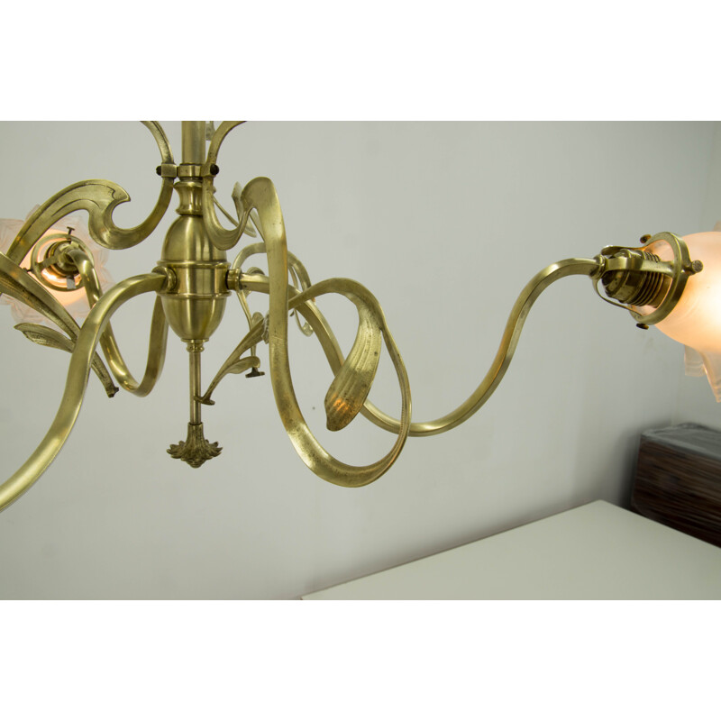 Vintage Brass Art Nouveau Chandelier, 1900s