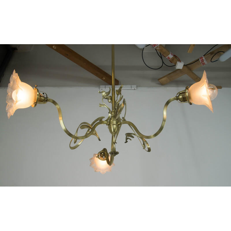 Vintage Brass Art Nouveau Chandelier, 1900s