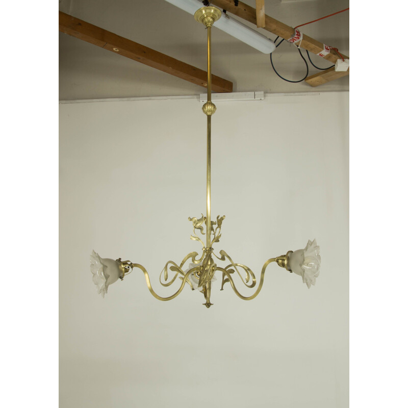 Vintage Brass Art Nouveau Chandelier, 1900s