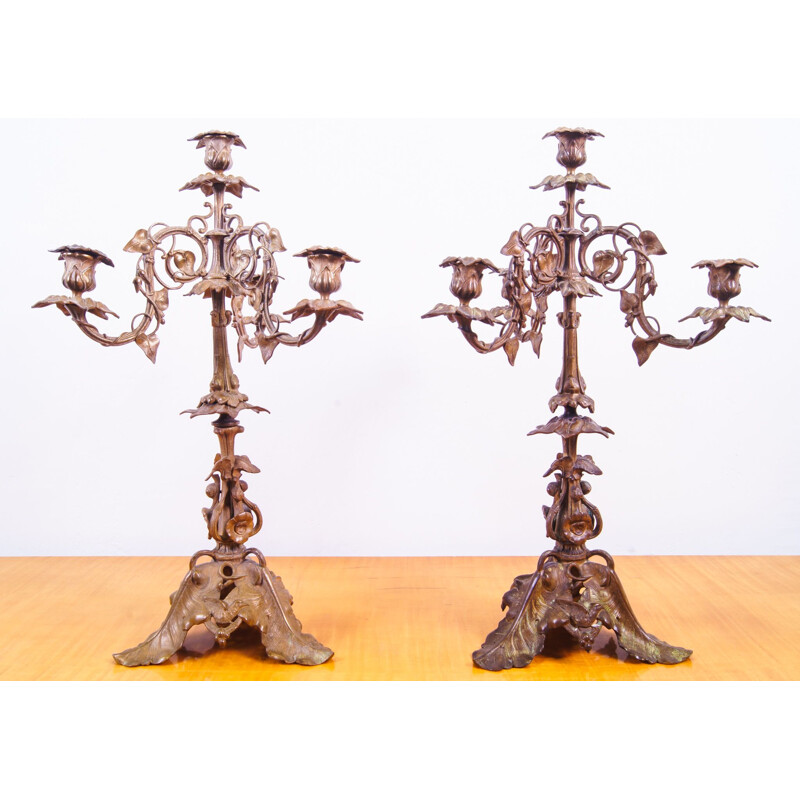 Chandelier floral vintage en bronze Art Nouveau 1900