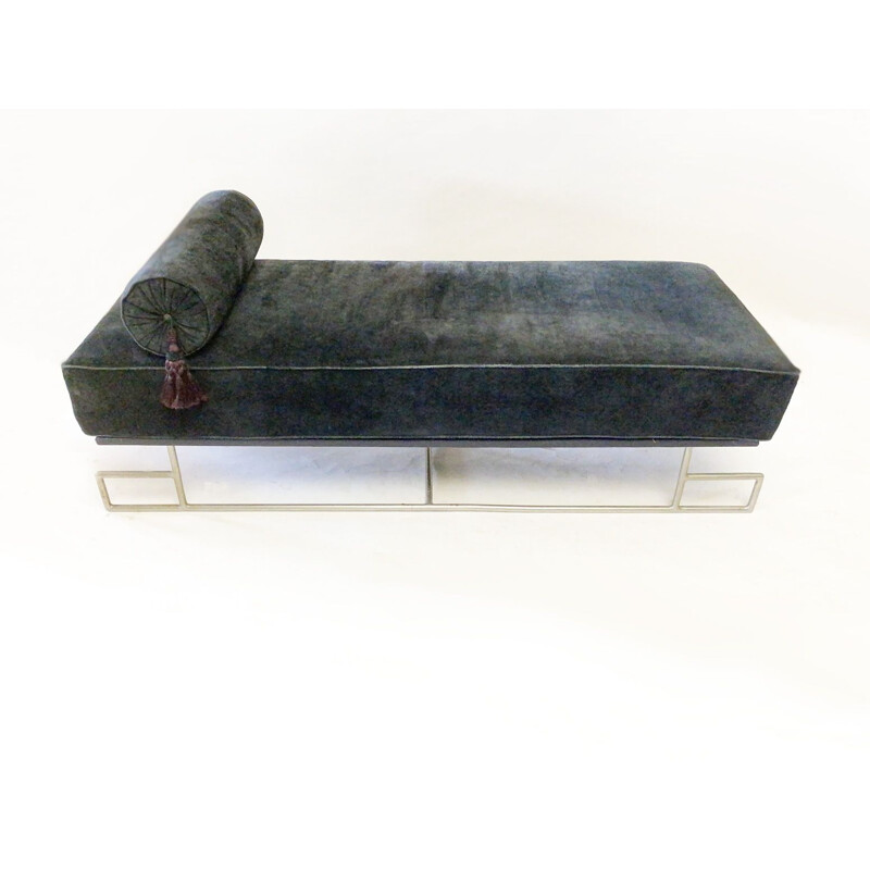 Lit de repos vintage en acier tubulaire chromé avec un matelas et un oreiller en cuir, Art déco France 1930