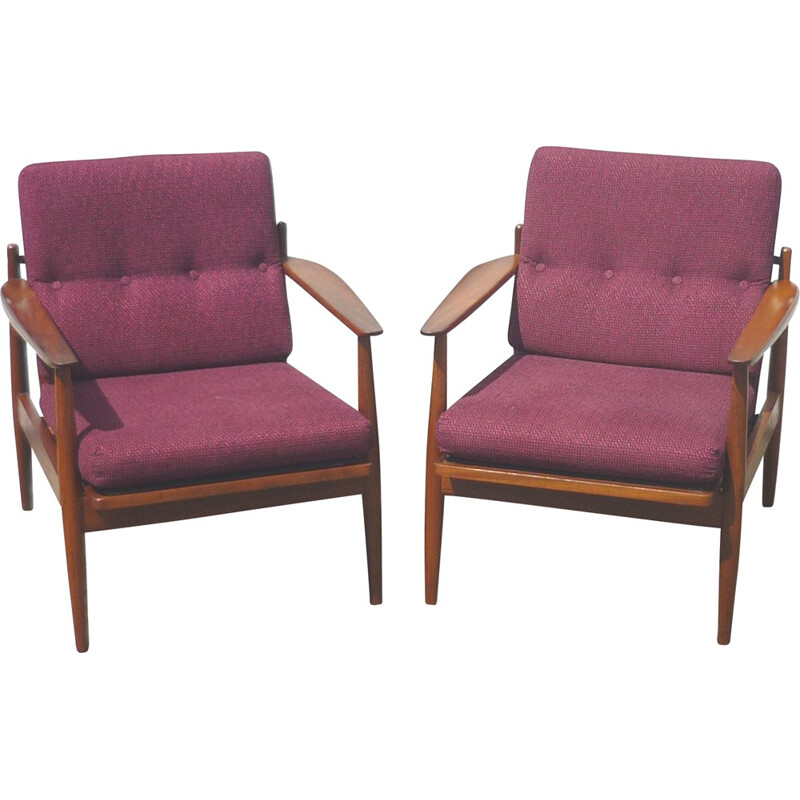Pair of scandinavian armchairs in teak and fabric - 1960s