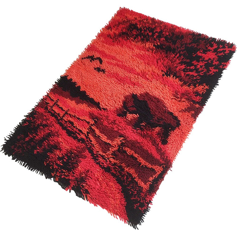Scandinavisch rood en roze wollen tapijt - 1970