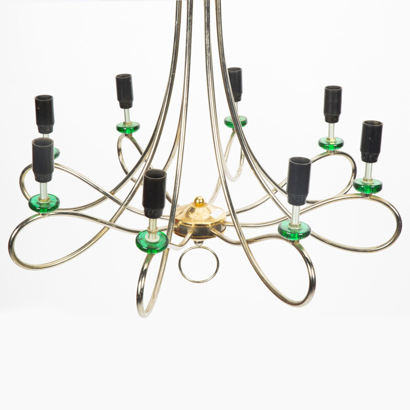 Vintage Chrome Chandelier Hollywood Regency With Green Details, 1960