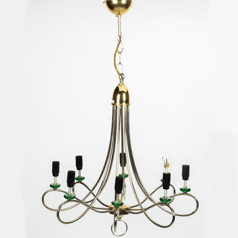 Vintage Chrome Chandelier Hollywood Regency With Green Details, 1960