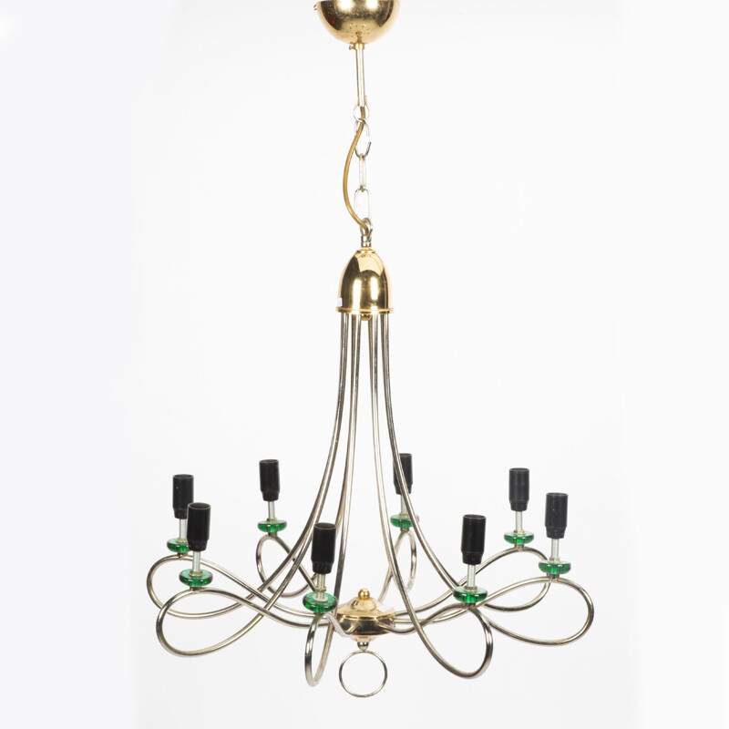 Vintage Chrome Chandelier Hollywood Regency With Green Details, 1960