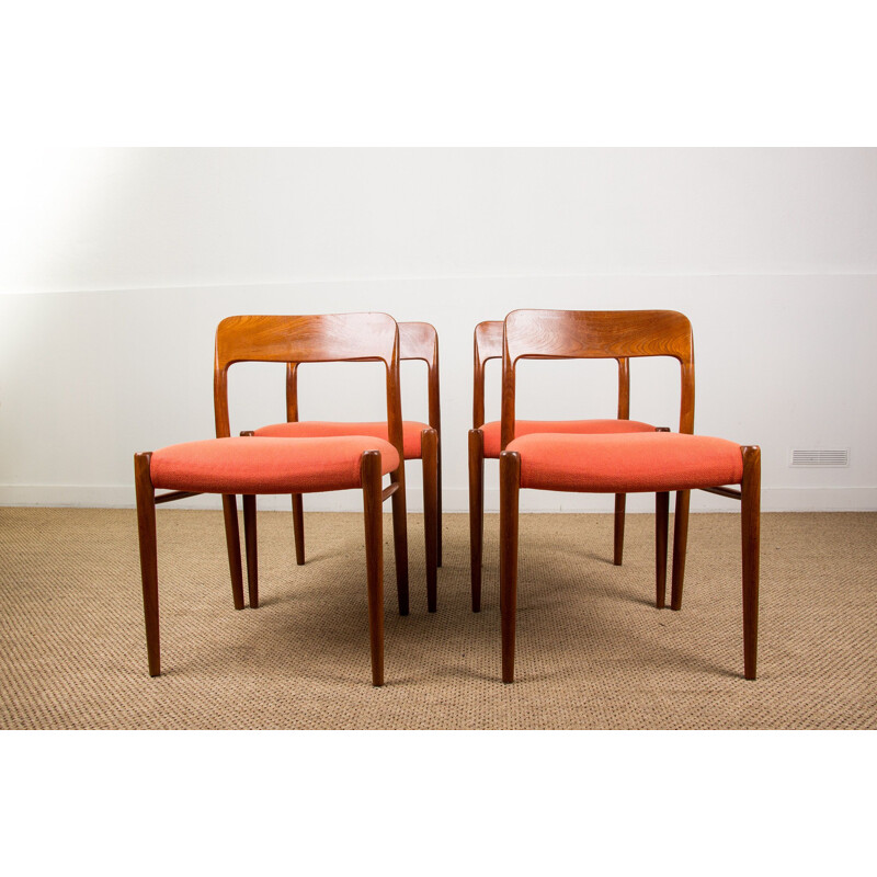 Suite of 4 vintage chairs in Teak and light red fabric N 75 from N.O.Moller Danoises