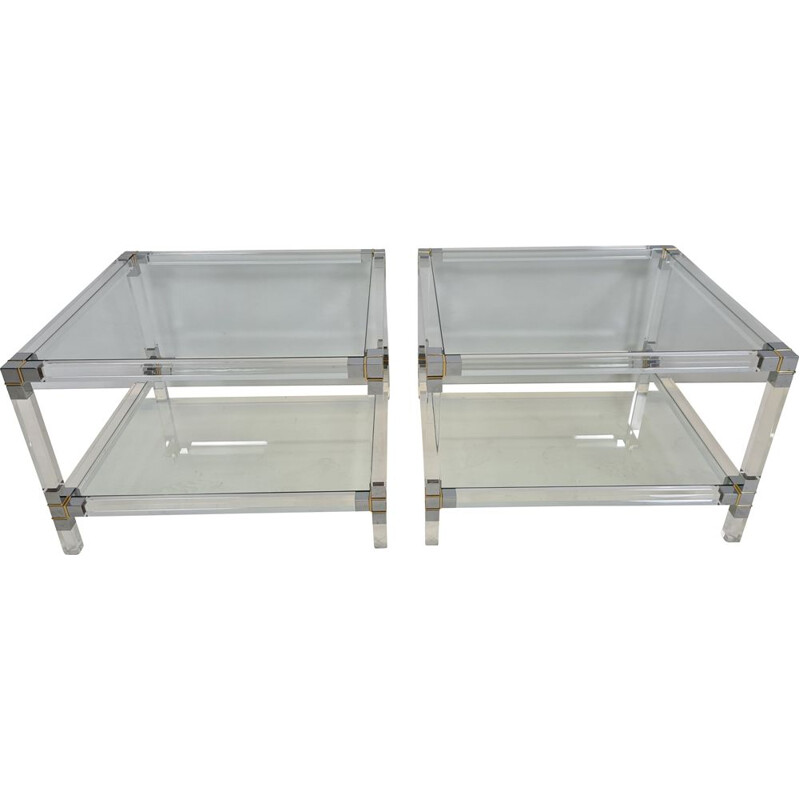Pair of vintage lucite, gilt & chromed metal 2-tiers side tables, 1970s