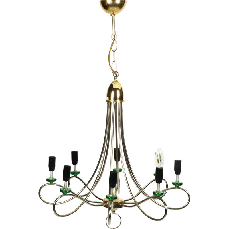 Vintage Chrome Chandelier Hollywood Regency With Green Details, 1960