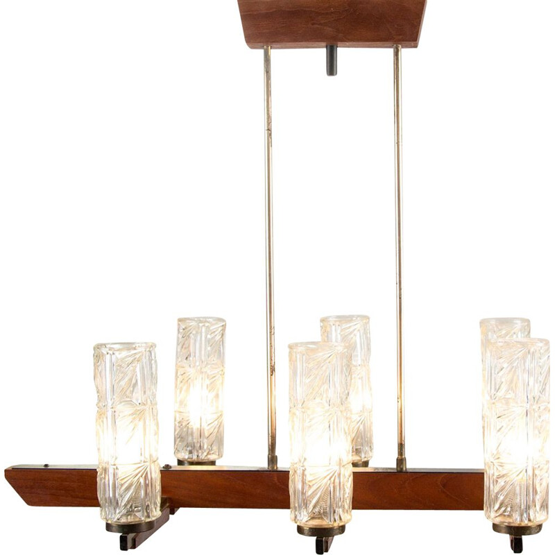 Large vintage chandelier in teak, brass, steel and 6 glass globes Danish 1960