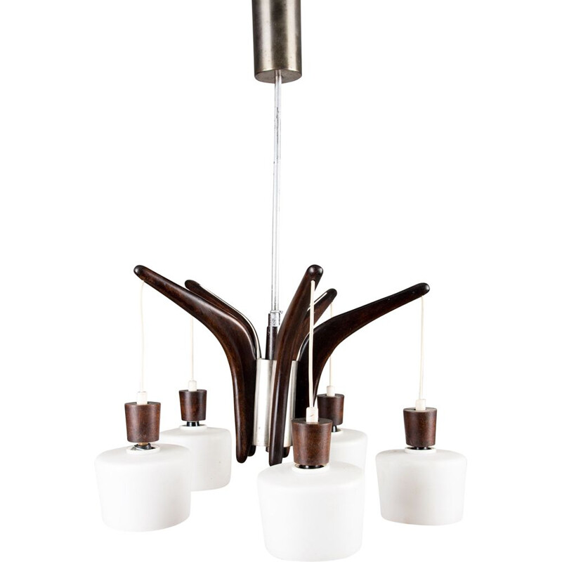 Large vintage chandelier in Rio rosewood, metal and 5 Danish opalines 1960