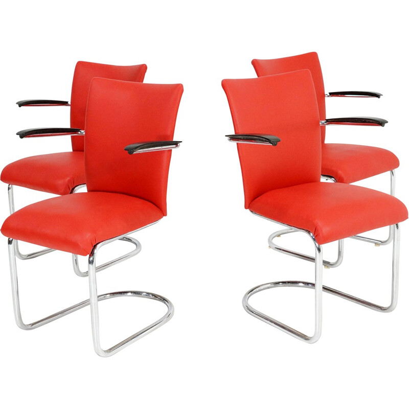 Ensemble de 4 chaises De Wit avec simili cuir rouge - 1950