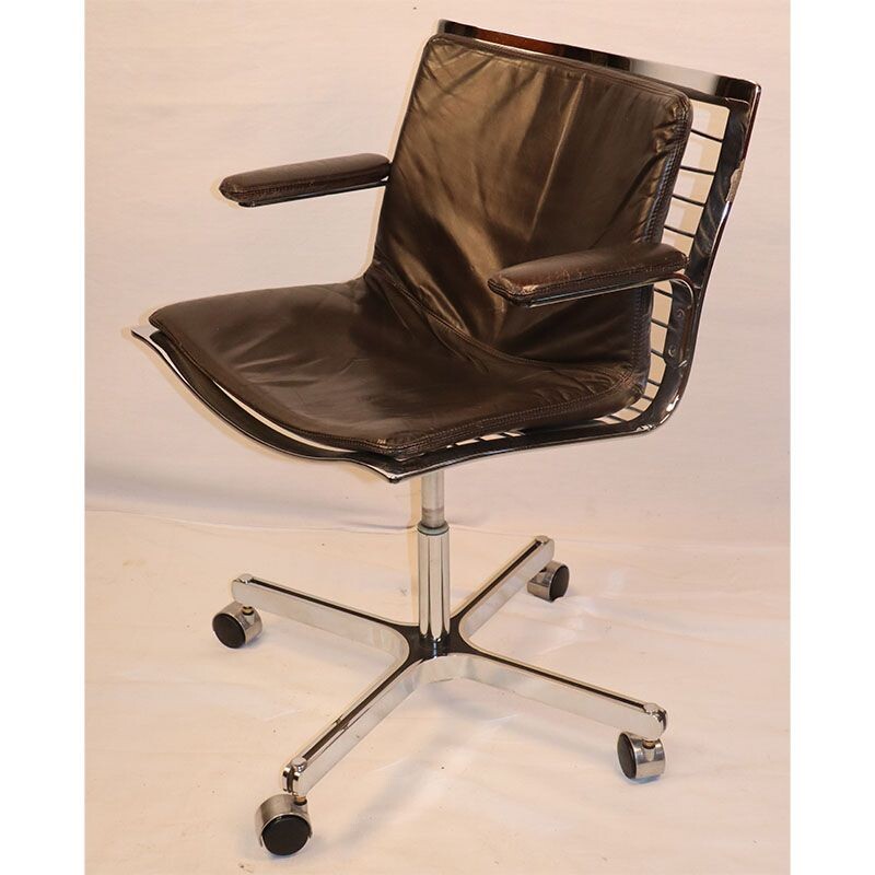 Vintage office armchair in chromed steel and leather Apelbaum 1970