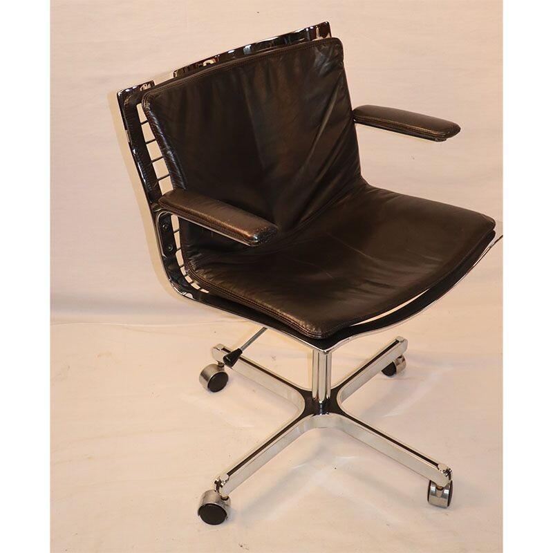 Vintage office armchair in chromed steel and leather Apelbaum 1970