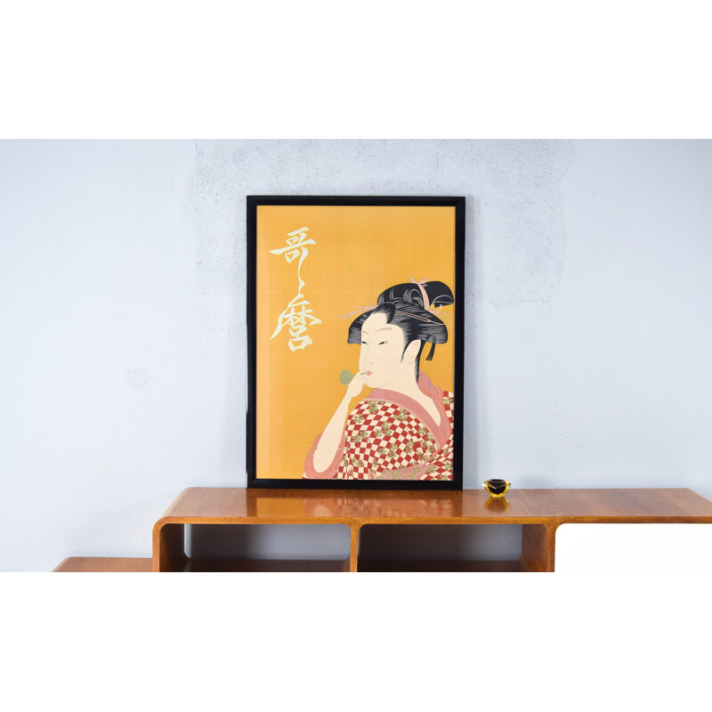 Large MidCentury canvas inspired by the image of Utamaro Woman Playing a Poppin 1970s