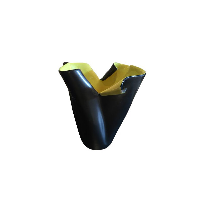 Vase Elchinger vintage en céramique noir et jaune de forme libre