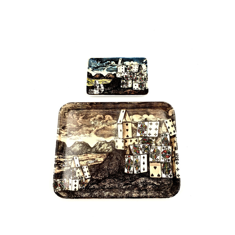 Pair of Vintage trays "City of cards", Atelier Fornasetti 1960 