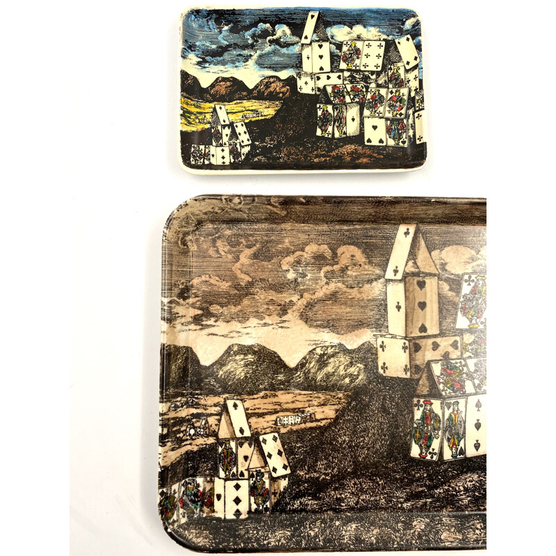 Pair of Vintage trays "City of cards", Atelier Fornasetti 1960 