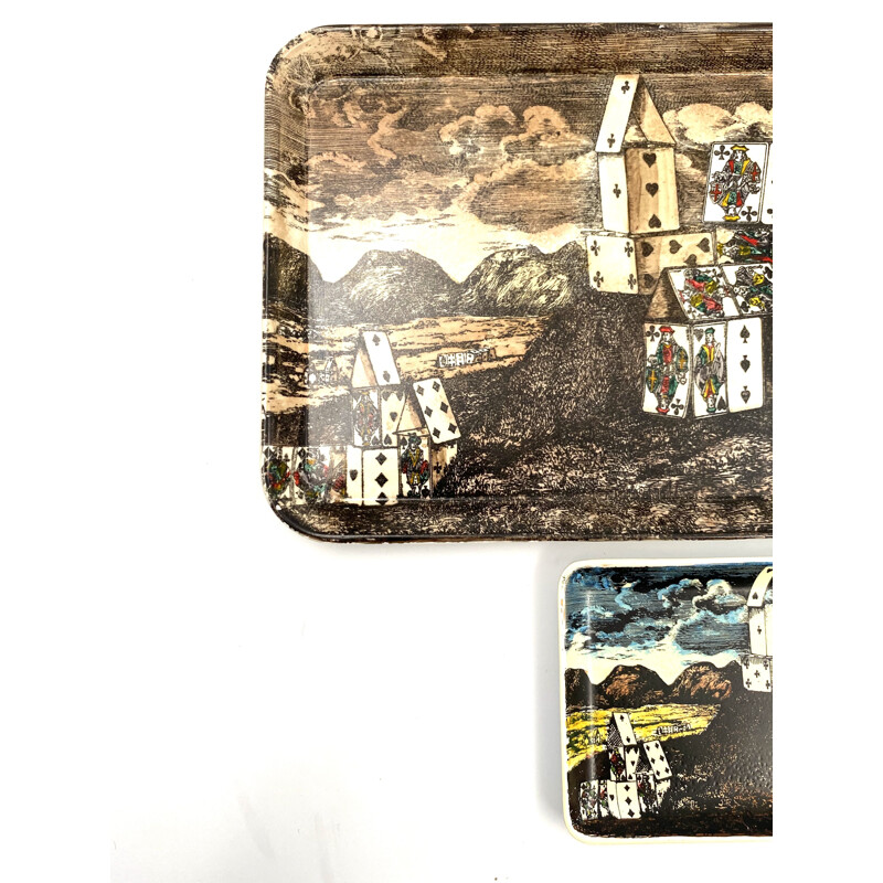 Pair of Vintage trays "City of cards", Atelier Fornasetti 1960 