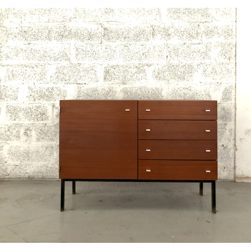 Vintage Meurop teak veneer and steel sideboard by Pirre Guariche 1950