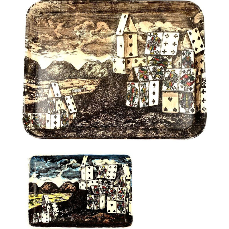 Pair of Vintage trays "City of cards", Atelier Fornasetti 1960 