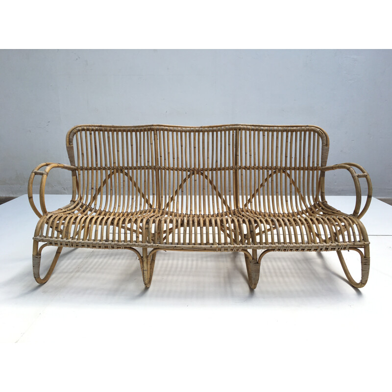 Vintage 3-seater rattan sofa by Rohe Noordwolde, Netherlands 1960