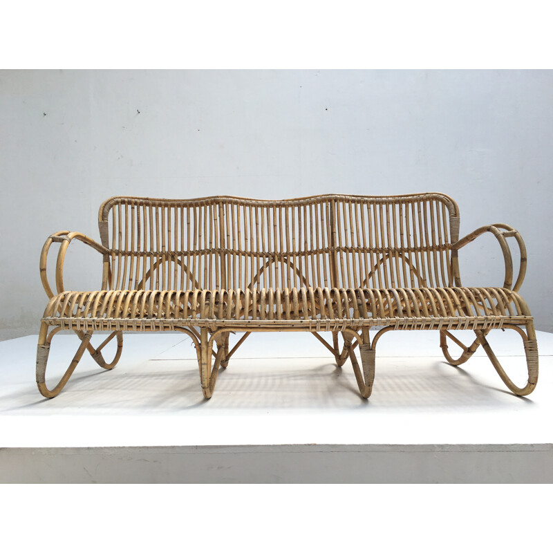 Vintage 3-Sitzer Rattansofa von Rohe Noordwolde, Niederlande 1960