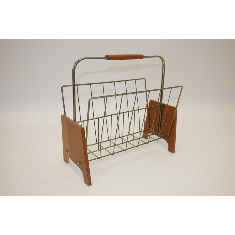 Vintage magazine rack metal and teak wood