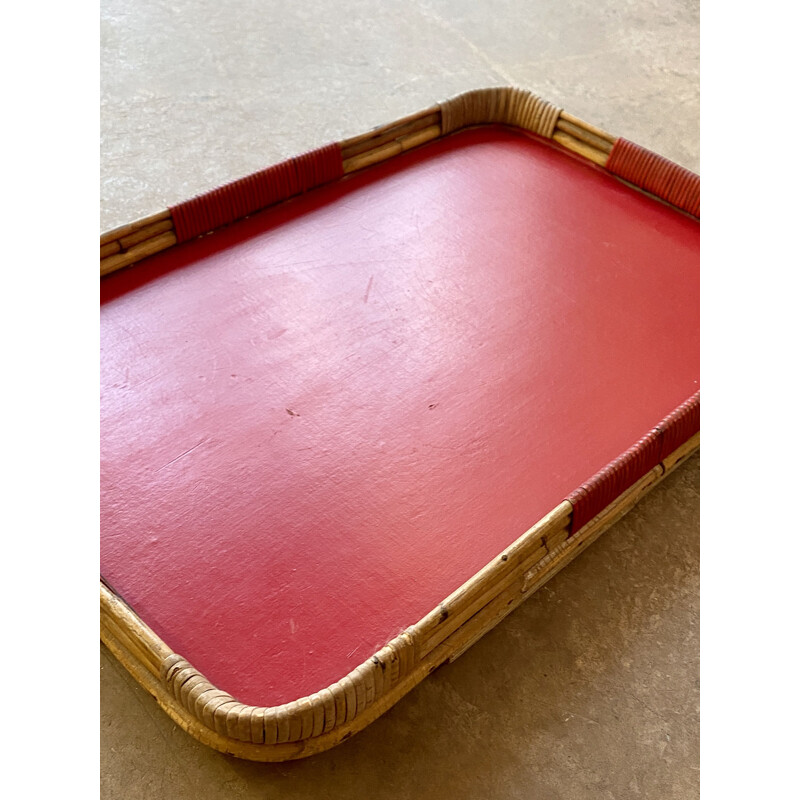 Vintage wood, rattan and red flamboyant tray, 1960