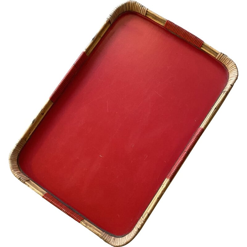 Vintage wood, rattan and red flamboyant tray, 1960