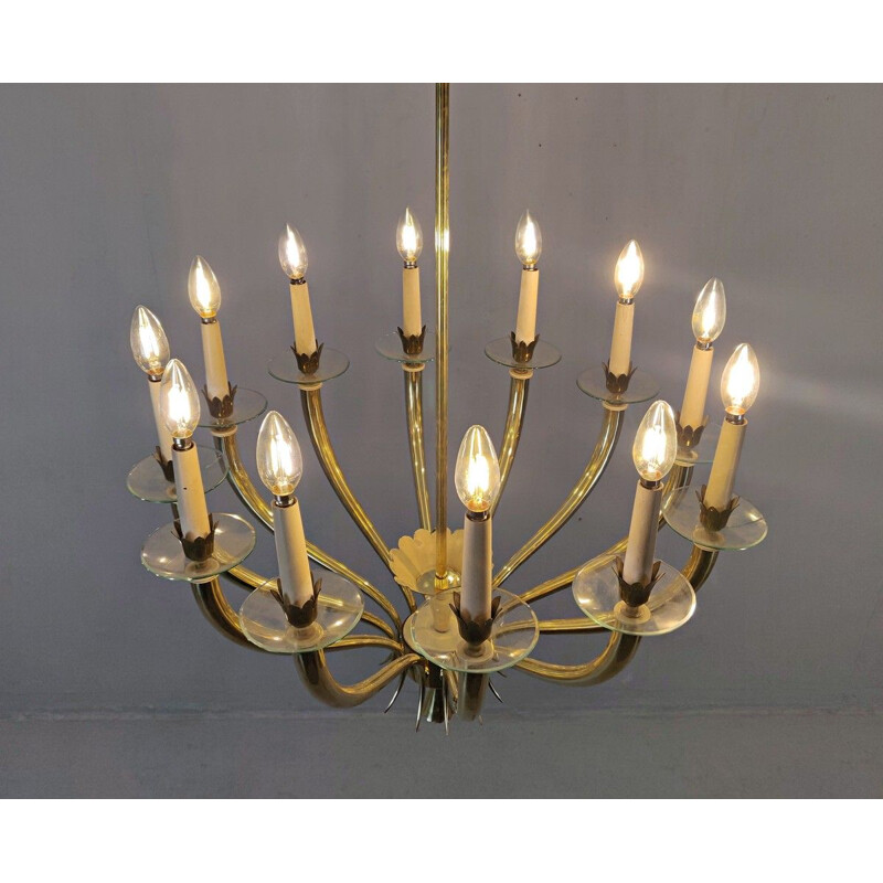 Vintage Gio Ponti 12-arm  brass and glass chandelier