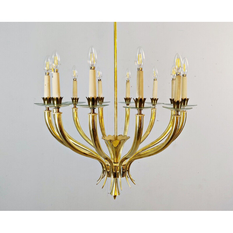 Vintage Gio Ponti 12-arm  brass and glass chandelier