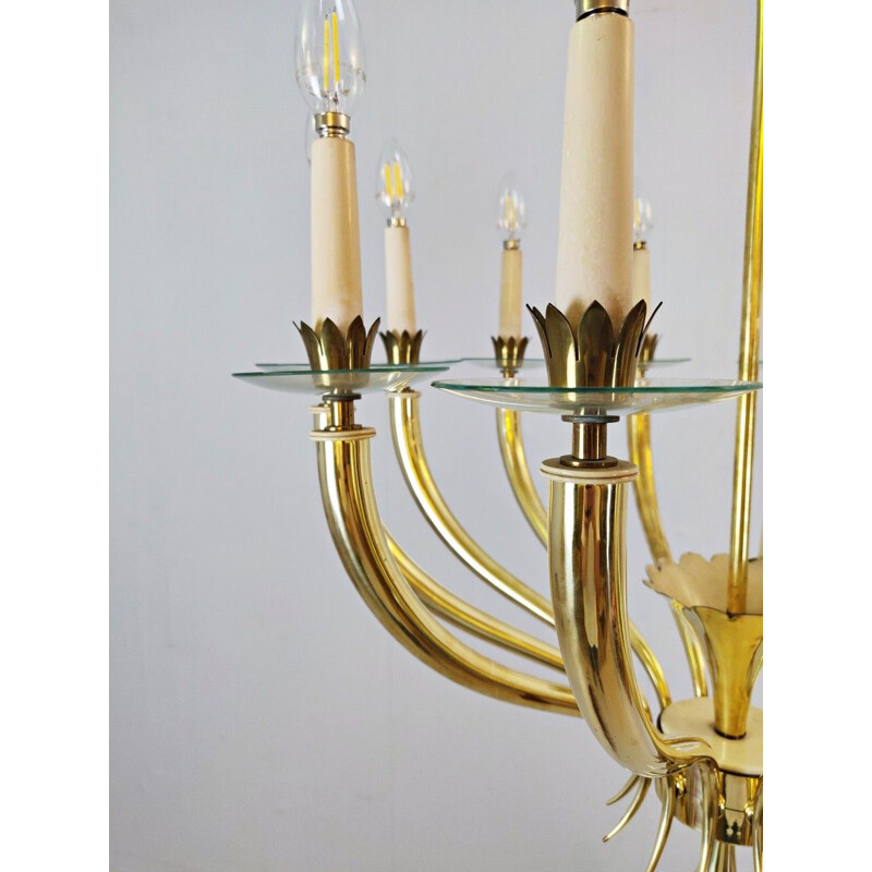 Vintage Gio Ponti 12-arm  brass and glass chandelier