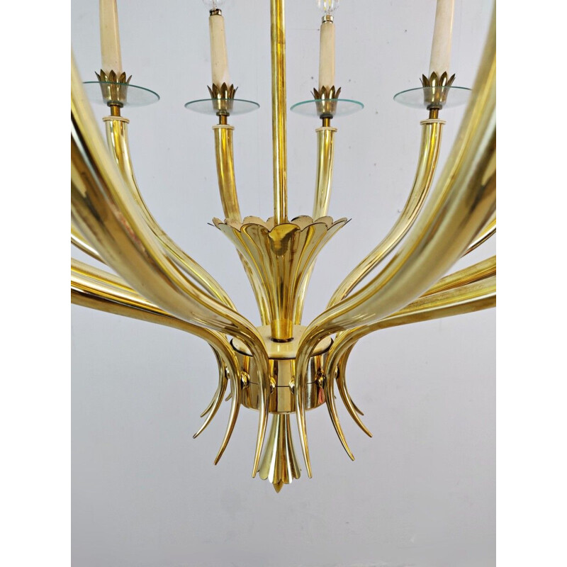 Vintage Gio Ponti 12-arm  brass and glass chandelier