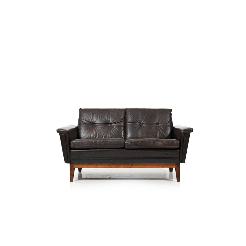 Mid Century  Brown Leather 2-Seater Sofa Danish 1960s
