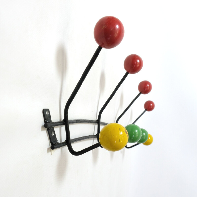 Large vintage coat hanger with 8 multicolored hooks 1970