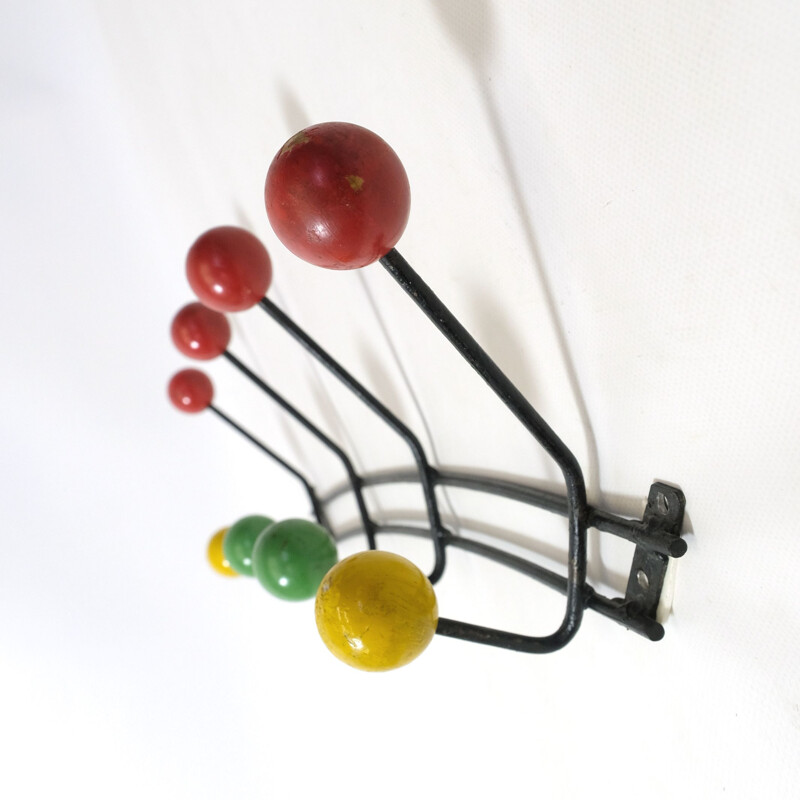 Large vintage coat hanger with 8 multicolored hooks 1970