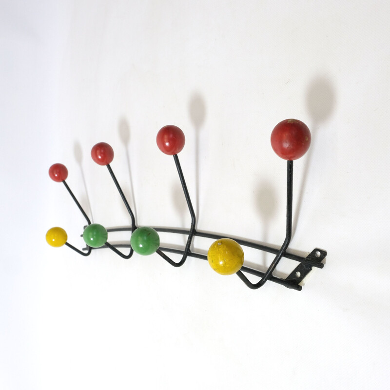 Large vintage coat hanger with 8 multicolored hooks 1970