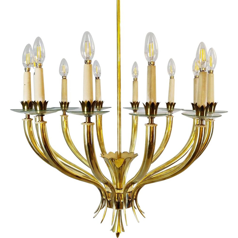 Vintage Gio Ponti 12-arm  brass and glass chandelier