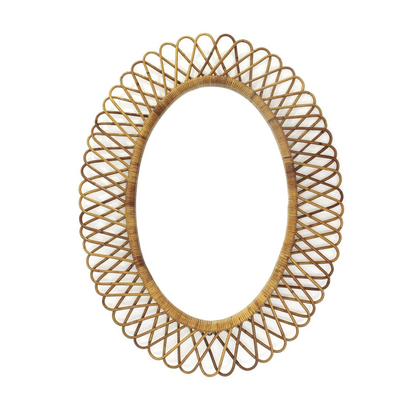 Vintage Oval Mirror with rattan frame, 1950s