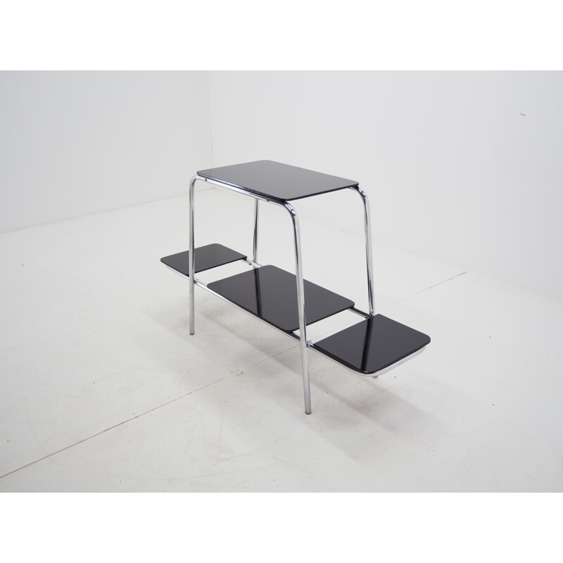Vintage Bauhaus Chrome Flower Side Table, Stand, Etagere, with Opaxite Glass, 1930s