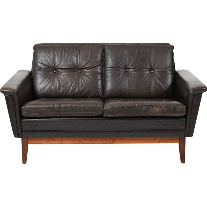 Mid Century  Brown Leather 2-Seater Sofa Danish 1960s