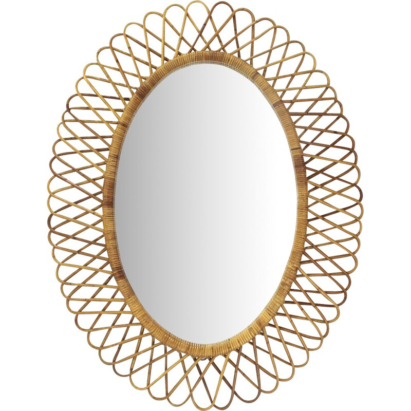Vintage Oval Mirror with rattan frame, 1950s