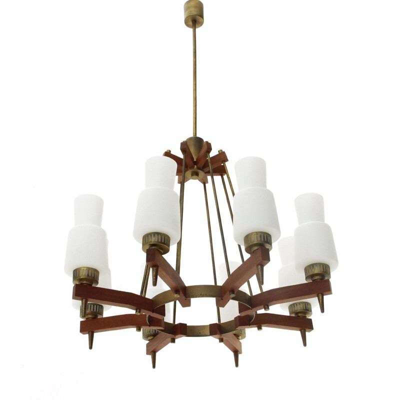 Vintage Chandelier in brass, teak and opal glass, 1960s