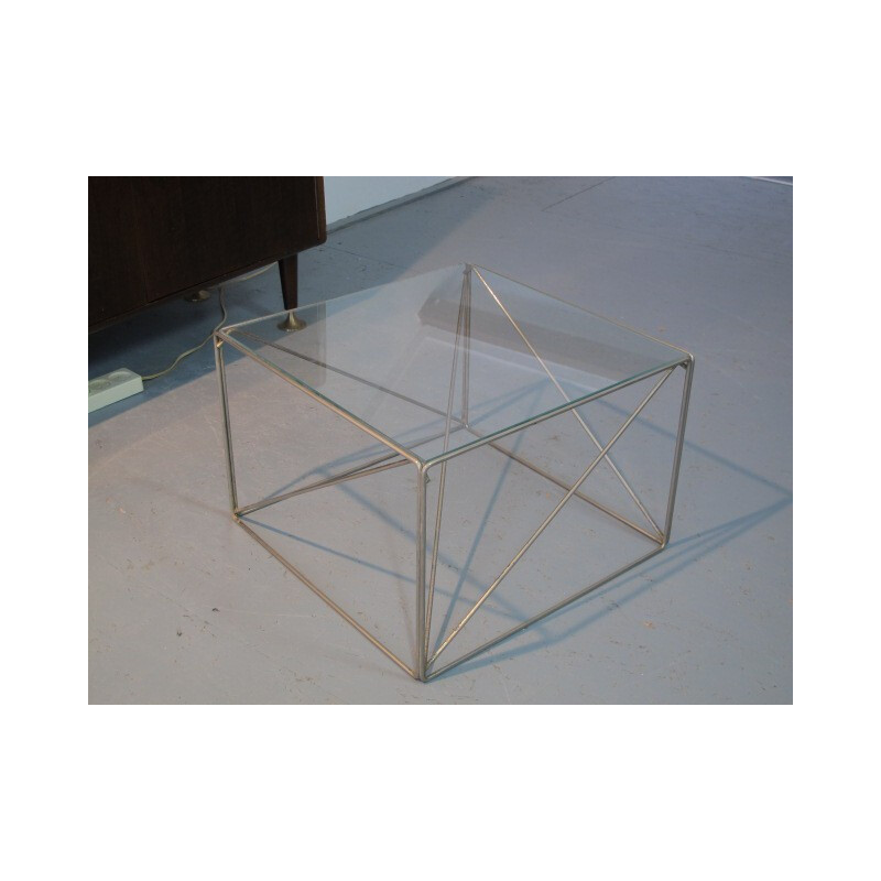 Table d'appoint carrée en acier chromé et verre, Max SAUZE - 1970