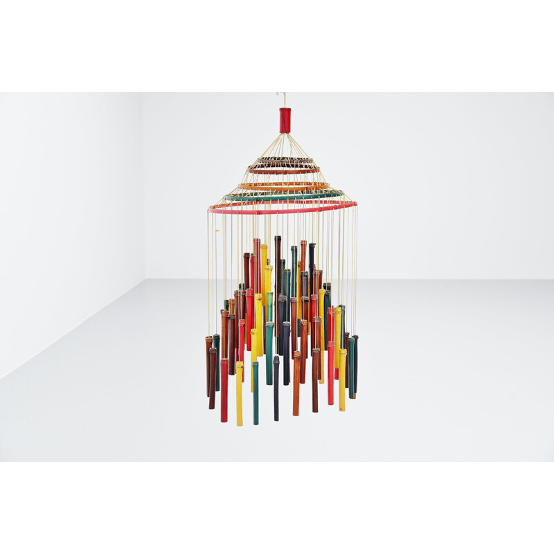 Vintage Coloured bamboo mobile sculpture Holland 1960